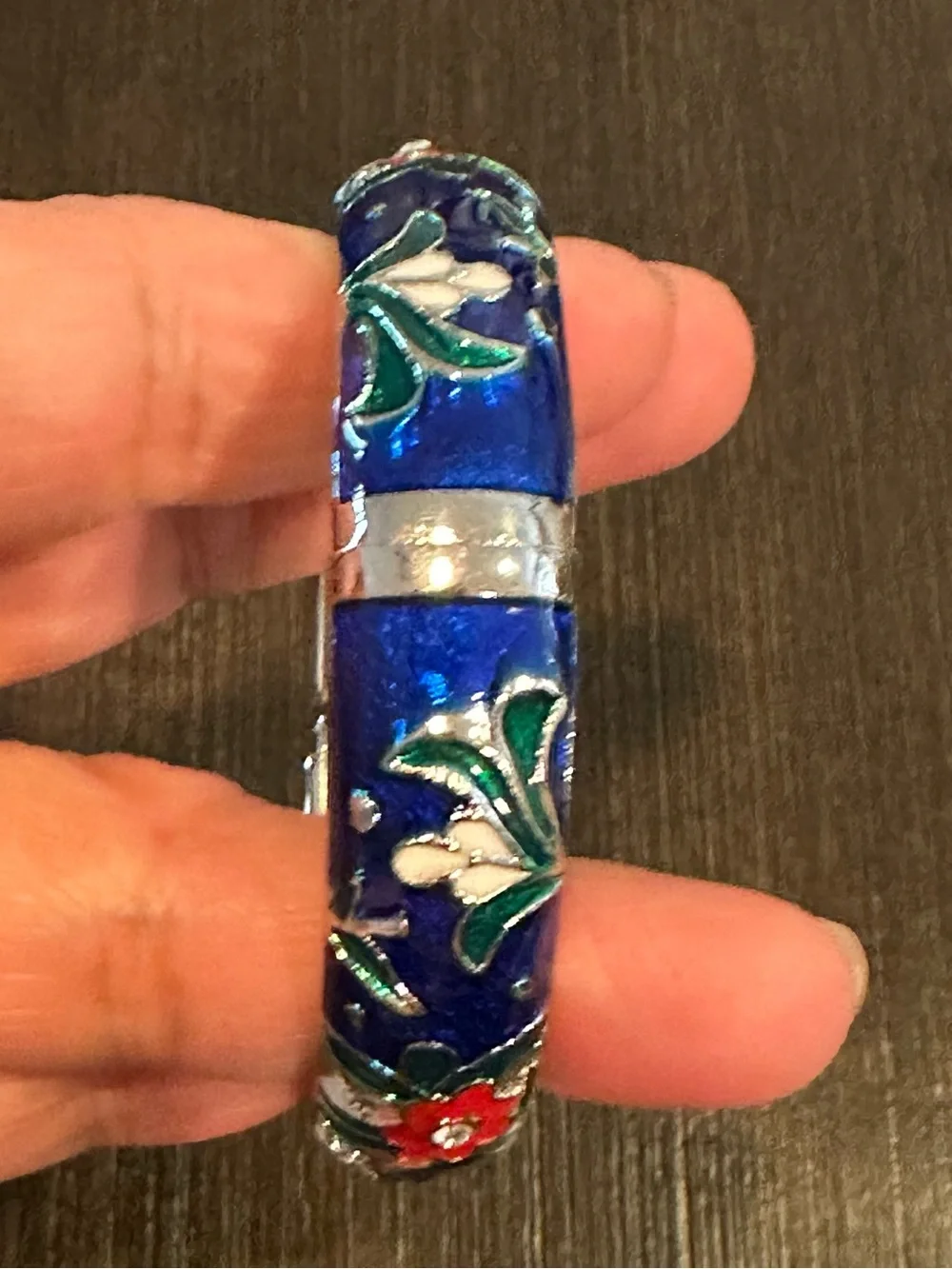 Vintage Jiu Long Xing Floral Enamel Hinged Bangle Bracelet Signed Blue Cloisonne